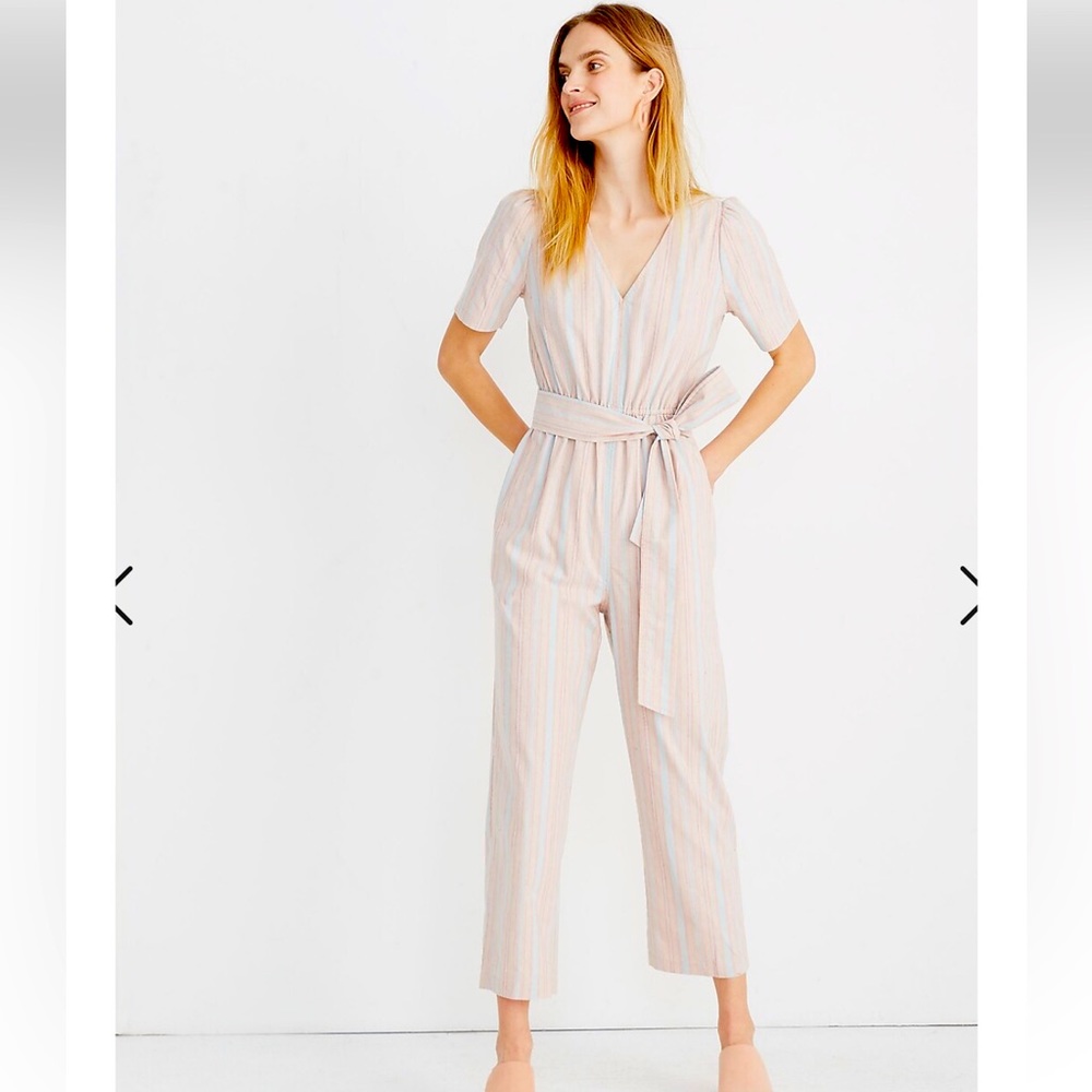 Madewell Linen Puff Sleeve Tapered Striped Short Sleeve Jumpsuit